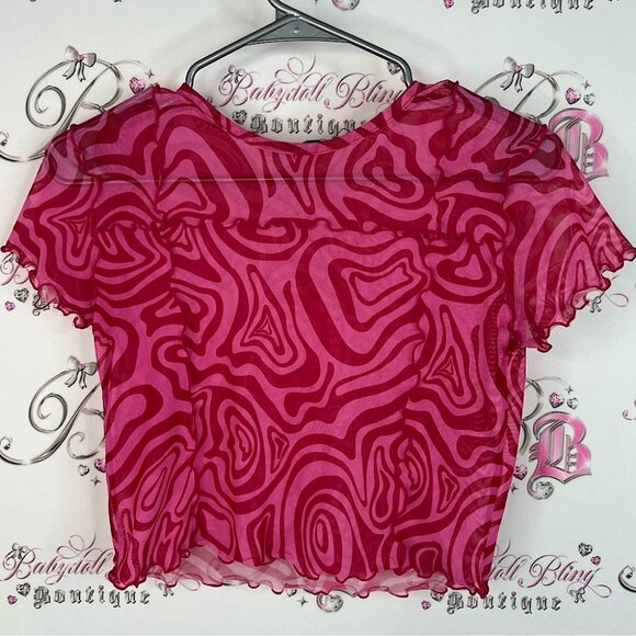 Sinsay tshirt tee cropped mesh swirl splatter style Pink Patterned cropped Top - Picture 1 of 6
